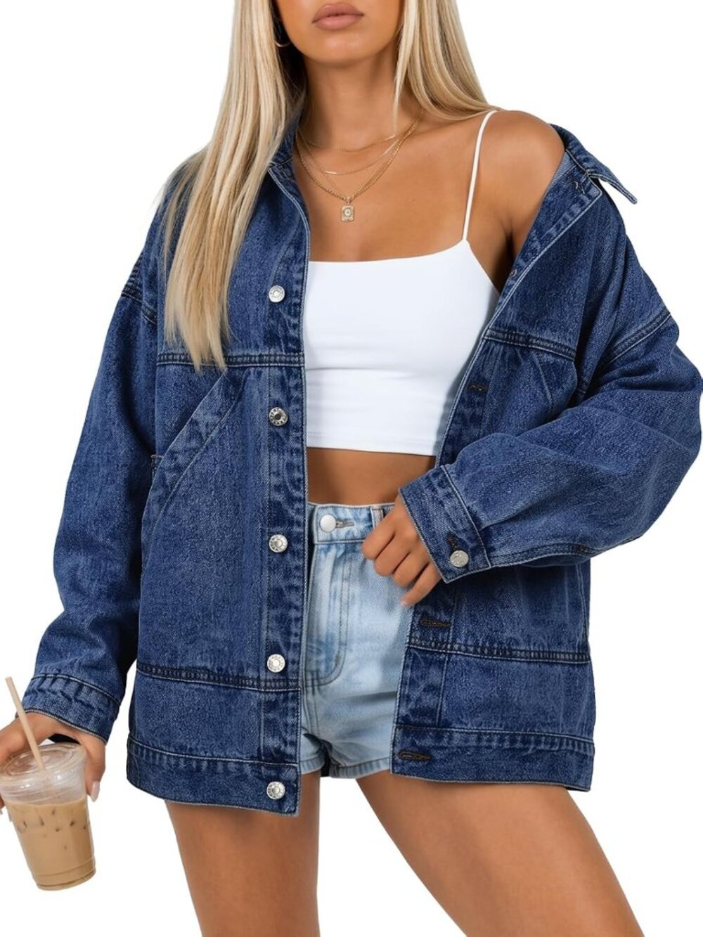 Women’s Dark Blue Oversized Boyfriend Denim Loose Fit Coat Pockets Jean Jacket